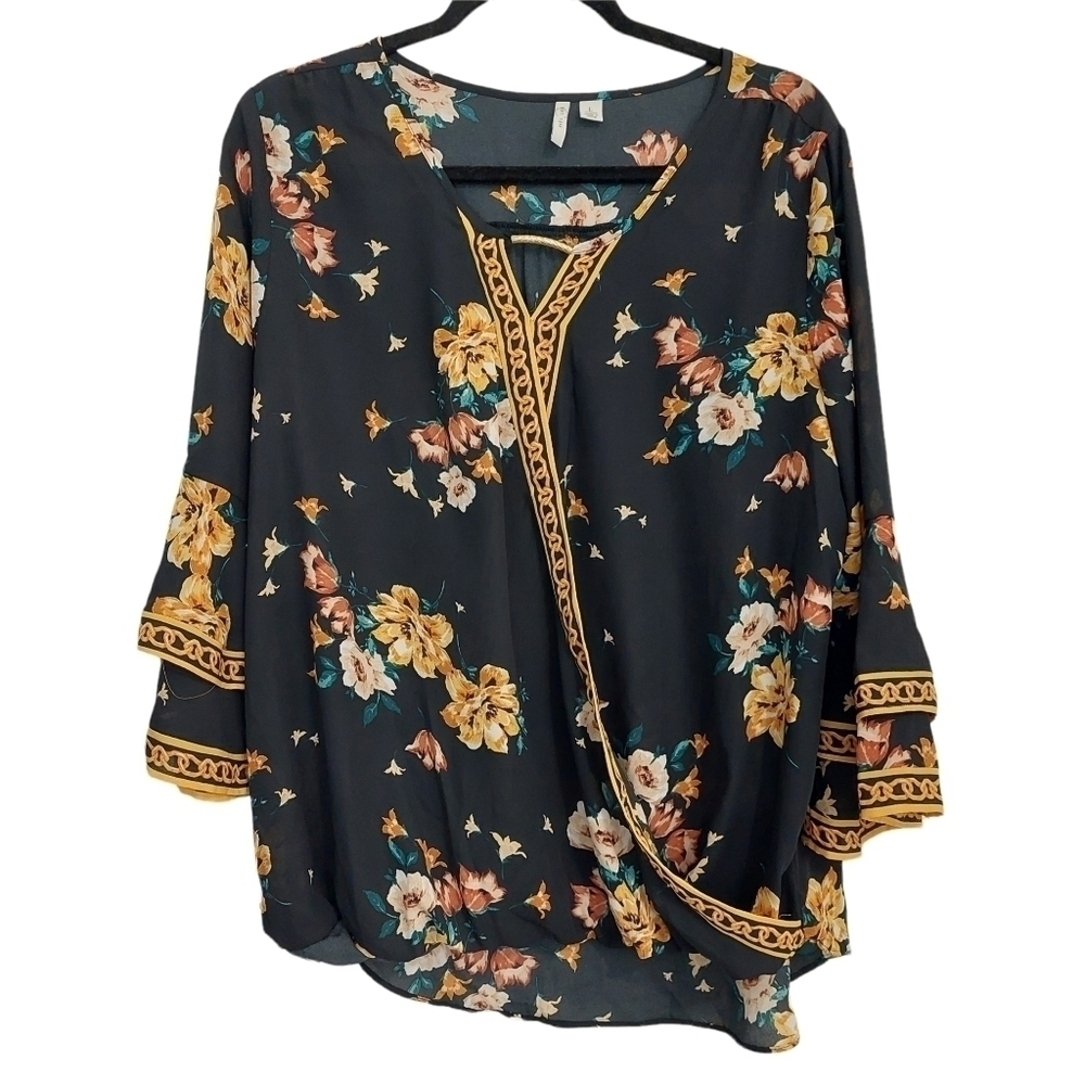 Est, 1948 Black Tribal Ethnic Border Print Surplice VNeck Wrap Blouse Top Size L